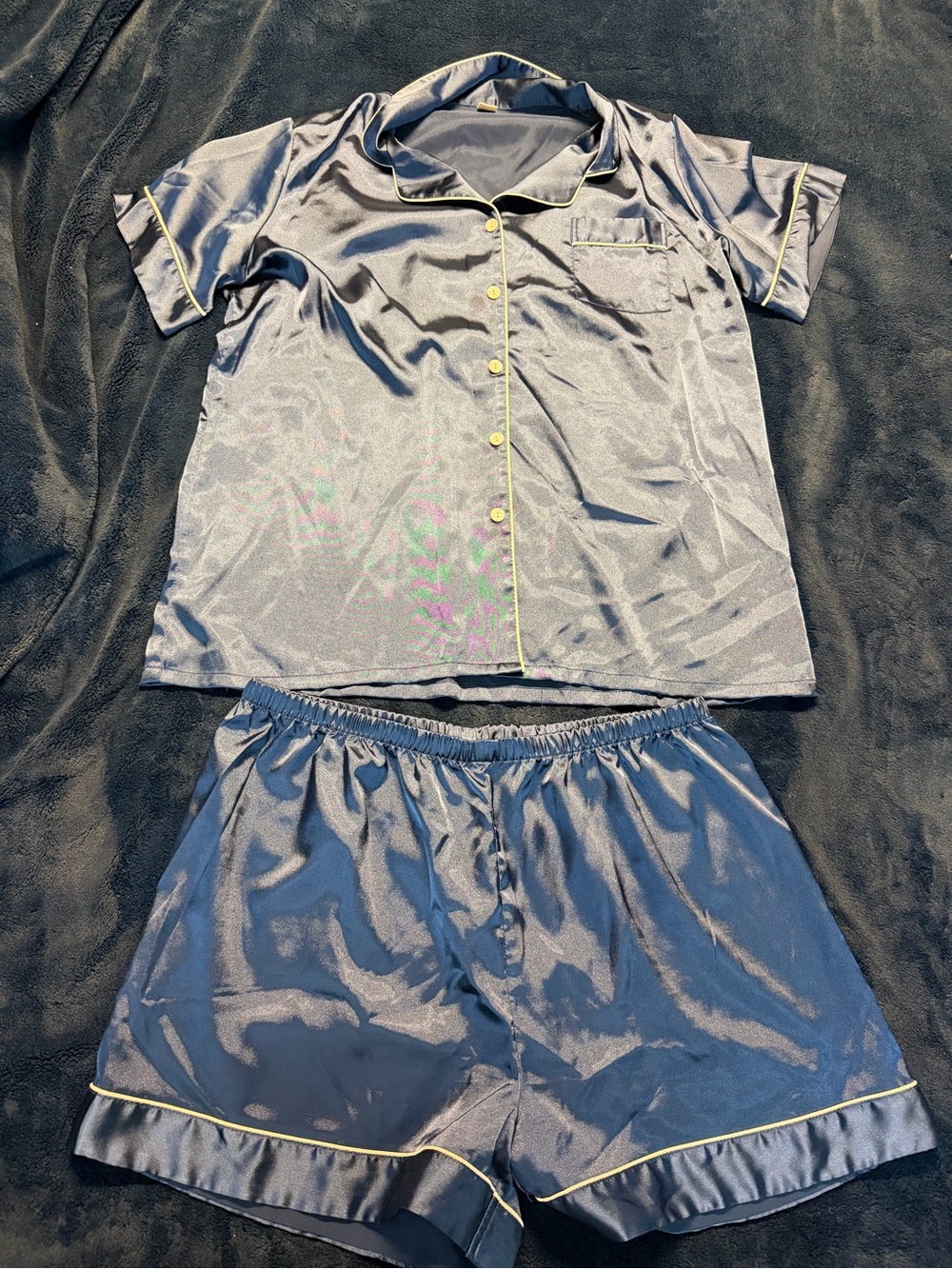 Satin Two-Piece Pajama Set in Navy with white Piping